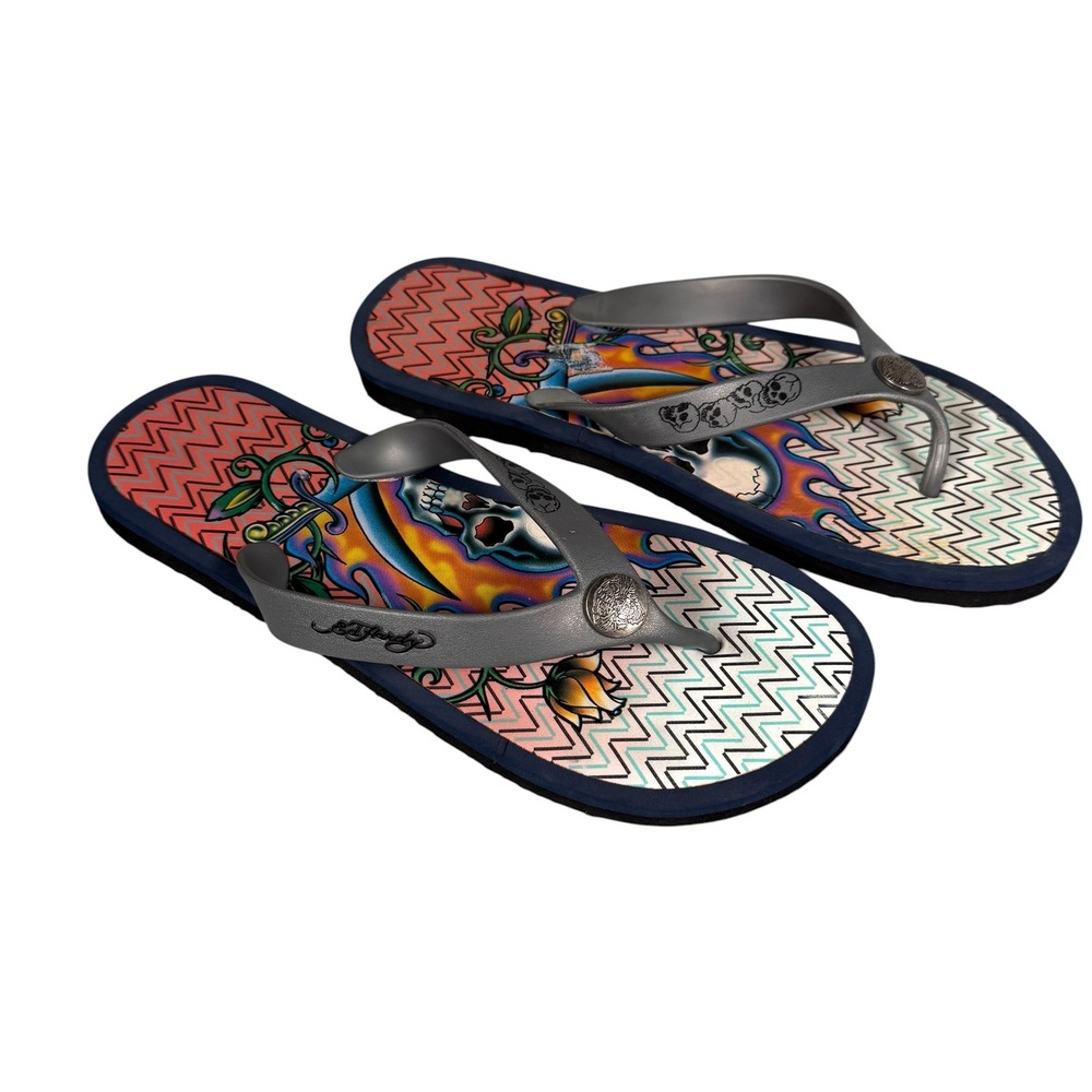 Ed Hardy Flaming Skull Dagger Flip Flops Grey Navy Tattoo Sandals 11/12 Y2K READ